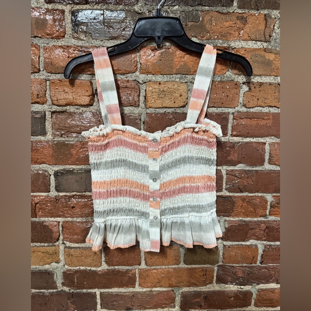 By Together Pink, Sage, Cream, and Orange Smocked Ruffle Top Size Large